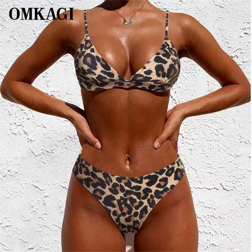 OMKAGI Leopard Bikini Swimwear Women Push Up Swimsuit Low Waist Micro Set Sexy Striped Swimswear Maillot De Bain Femme 210712