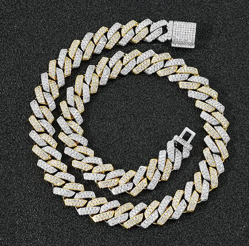 14mm Iced Cuban Link Prong Chain Necklace 14K White Gold Plated Two Tone Gold and Silver Color Diamond Cubic Zirconia Jewelry 16in2693