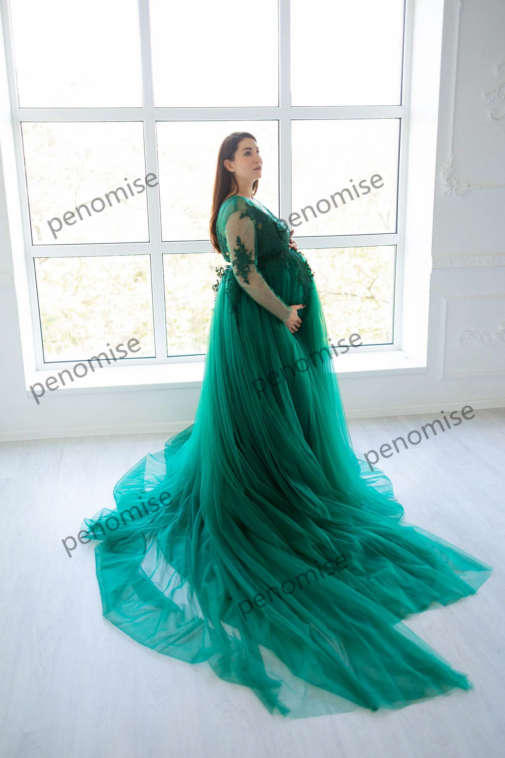 Hunter Green Maternity Dress Oversize Tulle Lace Applique Sheer Long Sleeve  Formal Gown from Dhgate Prom Dresses - price 198.3