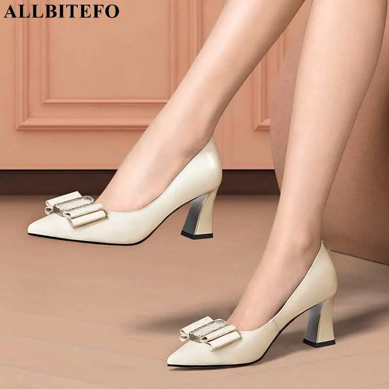 ALLBITEFO bowkont fashion genuine leather high heels pointed toe sexy women pumps high heel shoes club party wedding shoes 210611