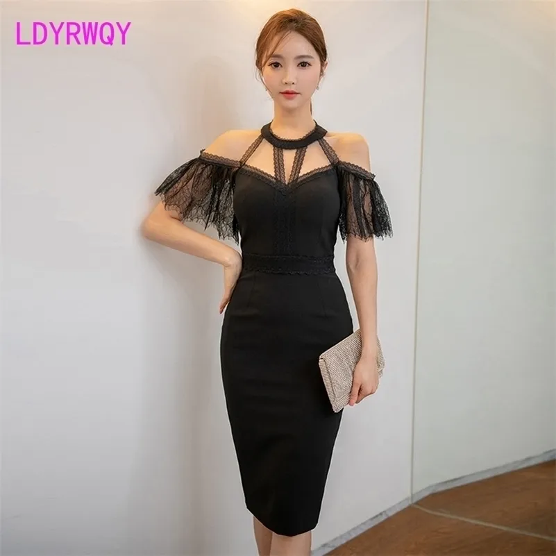 LDYRWQY summer product Korean sexy fashion halter lace stitching flared sleeve slim dress Office Lady 210416