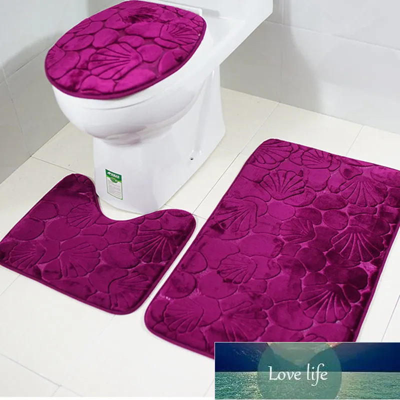 3 pezzi / set Tappetini da bagno 3D con guscio viola Tappetini da bagno Decorazioni per toilette Tappetino da bagno in flanella Fiore solido Tappeto antiscivolo Tappetini assorbenti per piedi Prezzo di fabbrica design esperto Qualità