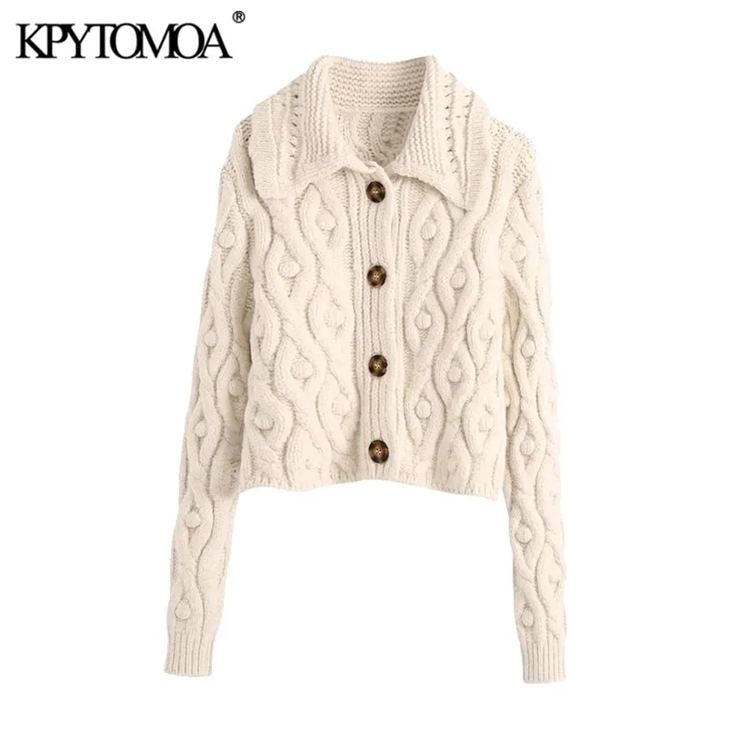 Femmes Mode Pompons Recadrée Tricoté Cardigan Chandail À Manches Longues Boutonné Femme Survêtement Chic Tos 210420