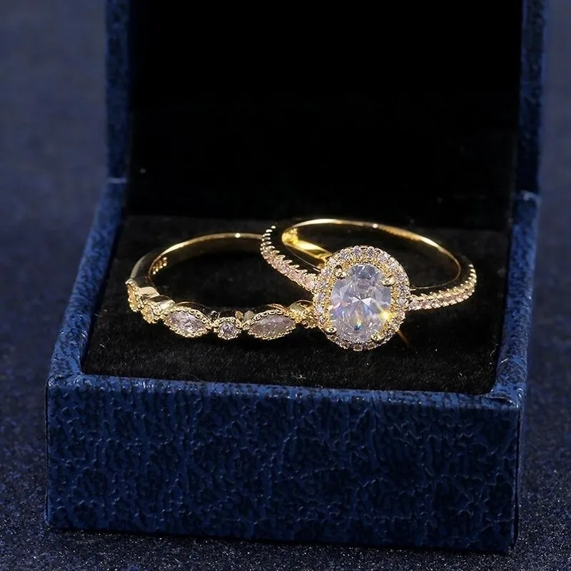 Пара колец роскошные украшения 925 Silvergold Fill Oval Cut Cubic Circonia Вечеринка Женщины свадебные кольцо свадебного кольца