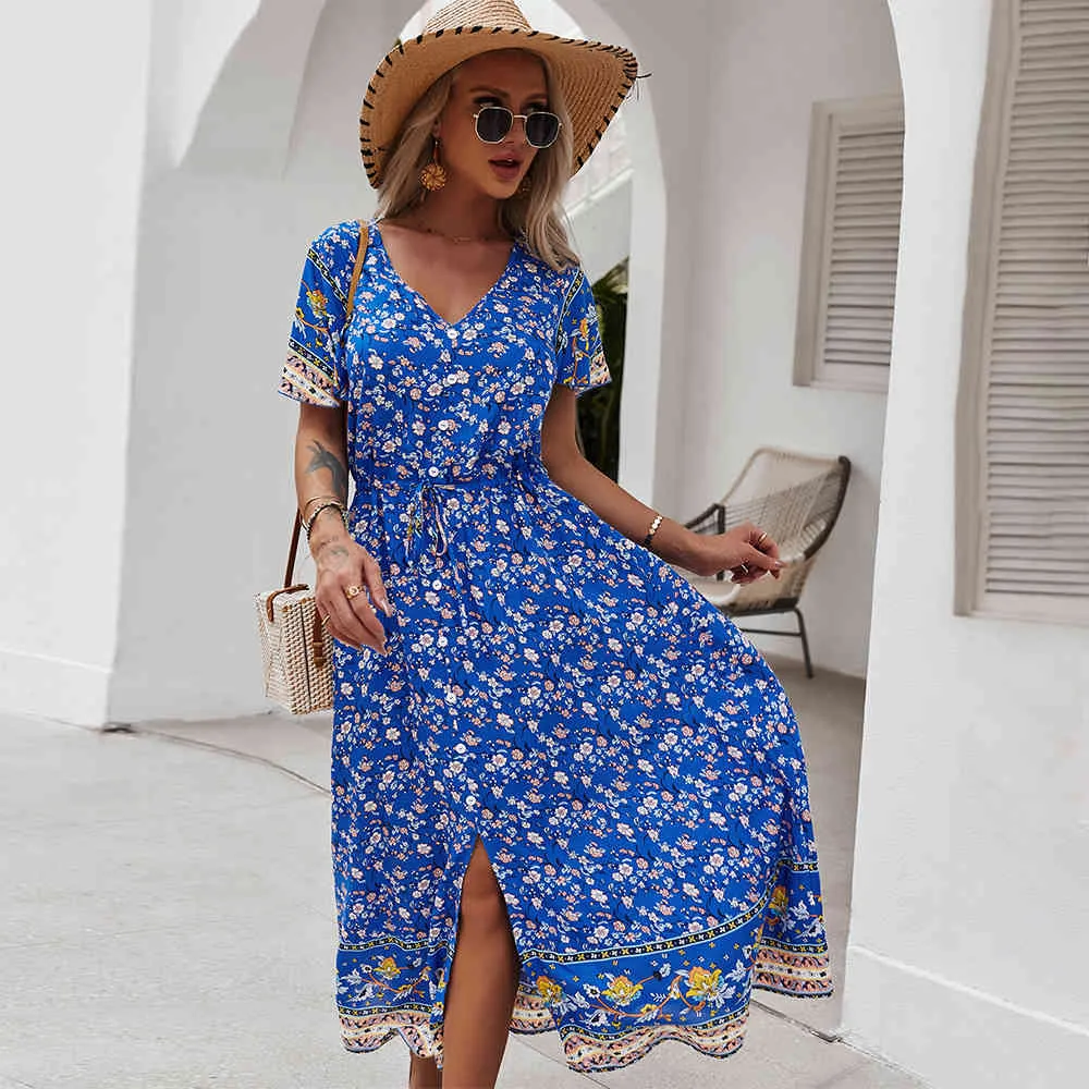 Women long dress Summer Viscose V-Neck short sleeve floral printed bohe style Casual Women's Ankle-Length Dresses vintage female 210524