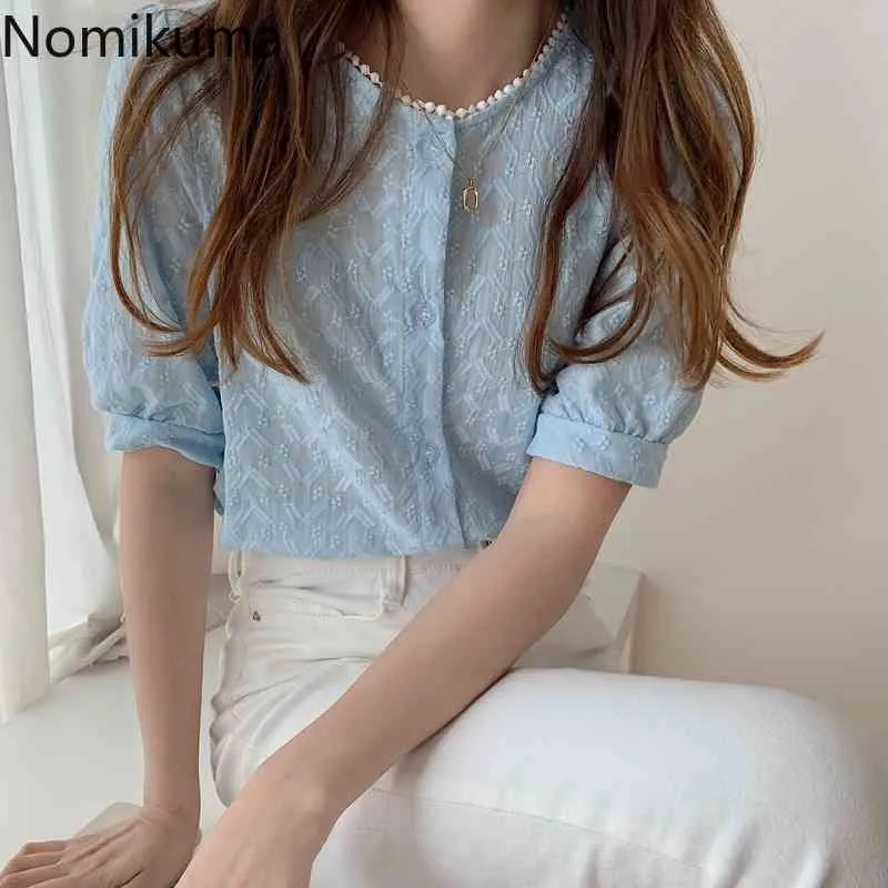 Nomikuma Koreanischen Stil Elegante Bluse Frauen O Hals Kurzarm Einreiher Shirts Weibliche Chic Sommer Tops Blusas Mujer 210514