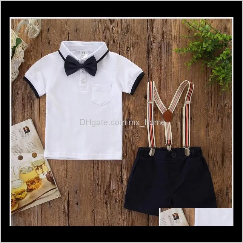 boys gentleman style clothing sets 2019 new summer children short sleeve t-shirt with bowtie+suspender shorts 2pcs set boy suit kids