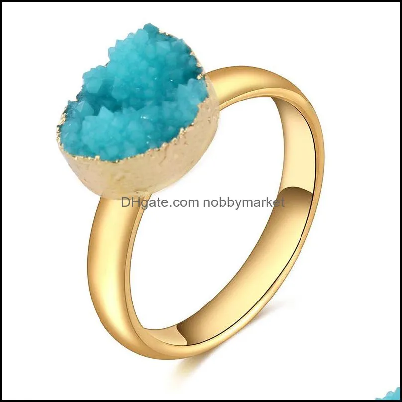 Fashion Natural stone Rings Geometric Druzy drusy quartz Bohemian Gold color adjustable Rings For women Jewelry Gift