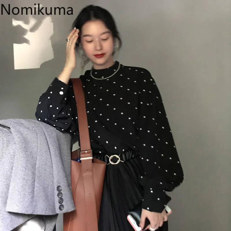 Nomikuma Retro Polka-dot Shirt Women Chic Autumn Winter Loose Half Turtleneck Puff Sleeve Blouse Female Korean Style Blusa 3d684 210514