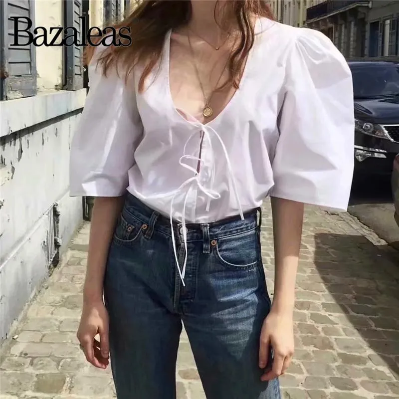 Bazaleas Harajuku Korte mouw Blouse Chic White Ropa Mujer 2021 Fashion Center Double Bandage Women Women's Blouses Shirts