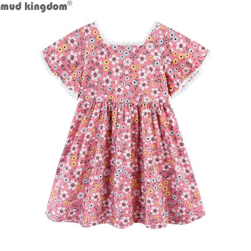 Mudkingdom Summer Flutter Sleeve Floral Girl Vintage Dress Col Carré Dentelle pour Filles Robes Courtes Toddler Party Clothes 210615