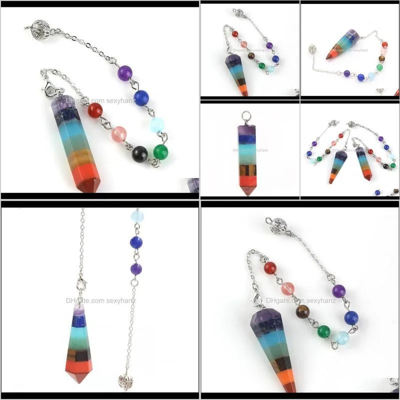 Rainbow 7 Chakra Natural Gem Stone Beads Chain Hexagon Prism Pendulum Reiki Charm Healing Layered Dowsing Pendant Jewelr qylqxb