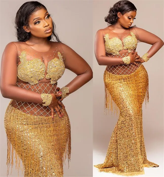 2021 Plus Storlek Arabisk Aso Ebi Gold Mermaid Sexy Prom Klänningar Lace Beaded Sheer Neck Sequined Evening Formell Party Andra receptionen klänningar klänning zj305