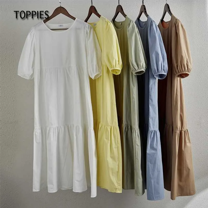 Toppies White Cotton Puff Sleeve Dress Woman Summer Midi Dress Short Sleeve Cascading Ruffles Blouses Dress Y0603