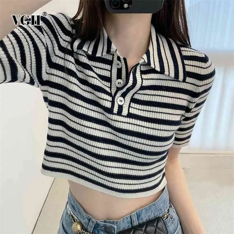 Casual rayé t-shirt pour femmes revers à manches courtes Vintage Slim coréen chemises femme été mode vêtements élégant 210531