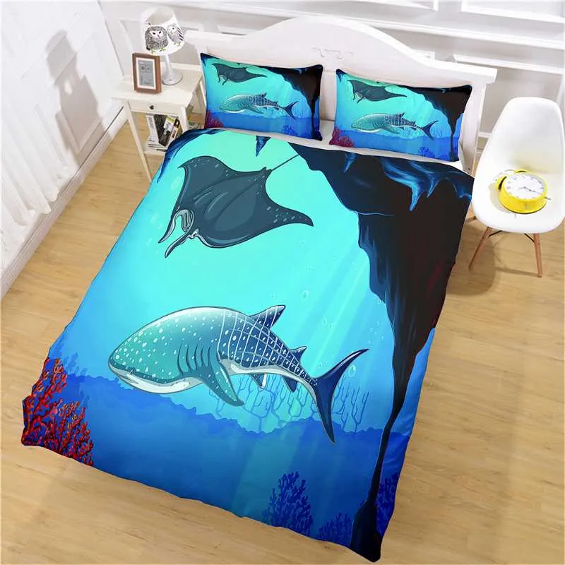 Bedding Sets High Quality Cartoon Marine Life Printing Set,Microfiber Fabric Duvet Cover&Pillowcase,Cozy Home Bedroom Decor Bed Set
