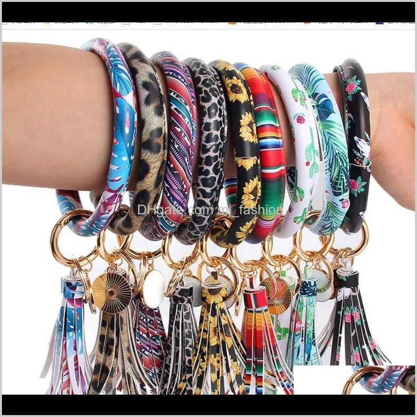 big customer discount pu leather tassel sunflower bracelet keychain leopard sunflower cactus round leather tassel bangle key ring 2257