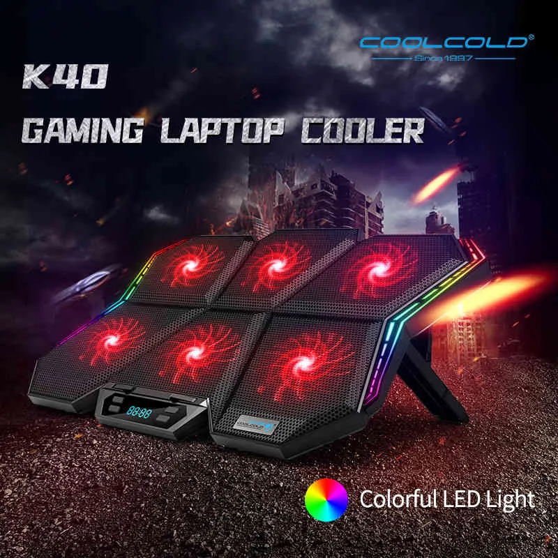 쿨 코드 게임 RGB 12-17 인치 LED 스크린 노트북 냉각 패드 노트북 쿨러 스탠드 6 팬 및 2 개의 USB 포트
