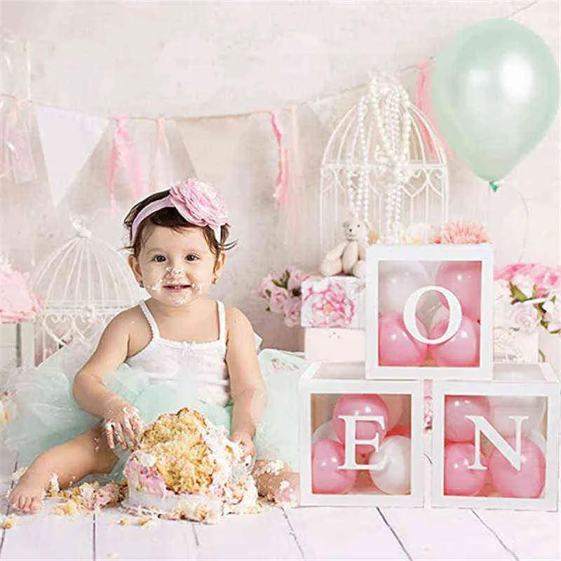 First Birthday Balloon 'ONE' Boxes for Baby Girl WITH 24 Balloons - Baby  1st Birthday Girl Decoration Clear Cube Blocks 'ONE' Letters as Cake Smash
