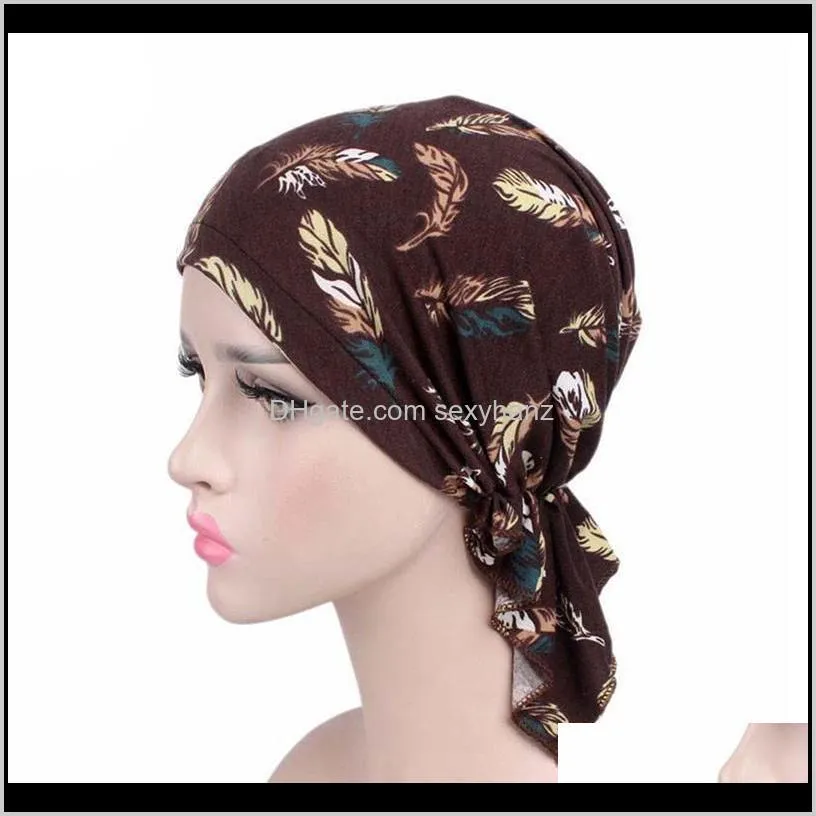 Women Feather-print Turban Hat Long Hair Hat Night Sleep Cap Lady Hair Care Bonnet Headwrap Muslim