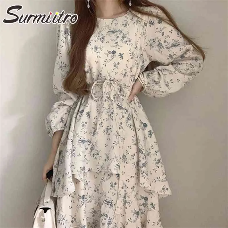 Koreansk stil chic midi klänning kvinnor elegant blommig chiffong 2 lager Ruffles långärmad tunika party kvinnlig 210421