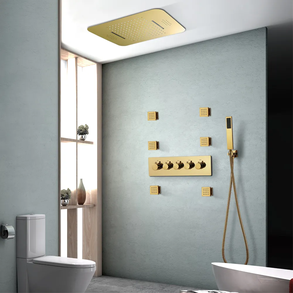 Smart Bluetooth Muzyka Prysznic Zestawy Rainfall Wodospad Prysznic Współczesny LED Prysznic Zestaw Złoty Kolor Mikser termostatyczny