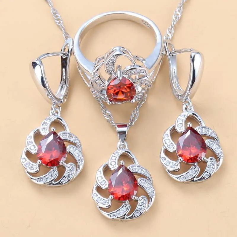 Top Qualität Roter Granat Brautschmuck Sets Für Frauen Silber Farbe Trendy Kostüm 3-teilige Sets H1022