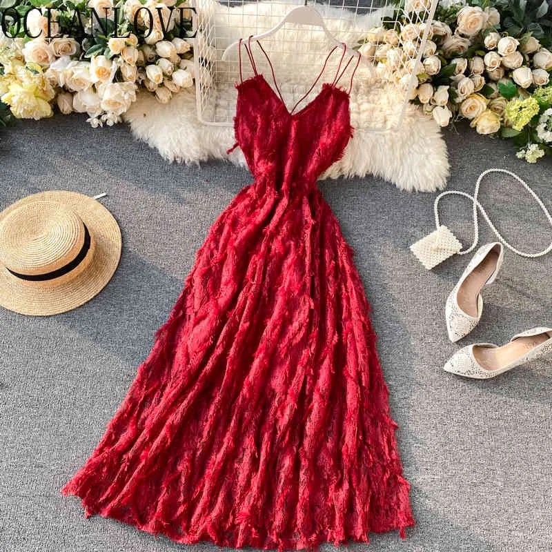 Styl Plaży Długie Solidne Tassel High Waist Vestidos Sexy Backless V Neck Summer Sukienki Kobiety 15495 210415