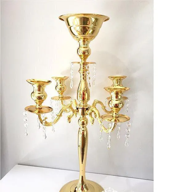 2021 30" Tall Gold Arm Shiny Metal Candelabra Chandelier with Hanging Crystals Votive Candle Holder Wedding Centerpiece