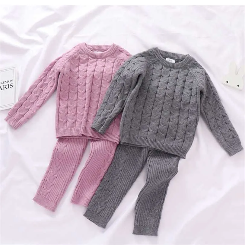 Outono criança meninos meninas vestuário conjunto de camisola + calças 2 pçs / terno infantil knit terno grosso inverno quente roupa de bebê 211224