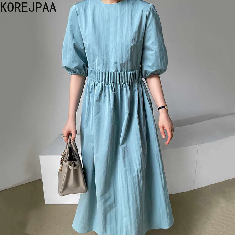 Korejpaaの女性のドレス韓国のシックなエレガントなO-ネックルーズフィッティングプリーツデザインハイウエストバブルスリーブラージスイングvestido 210526