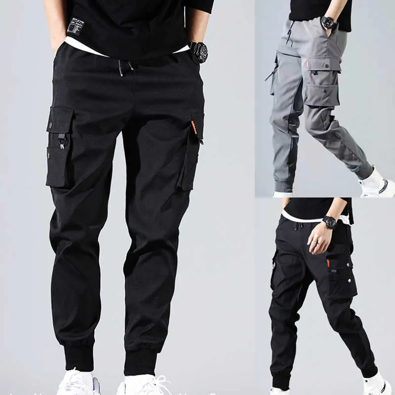 Nieuwe heren multi -zakken lading harem broek streetwear hiphop zwart grijs casual mannelijke joggers broek mode Harajuku punk broek x0723