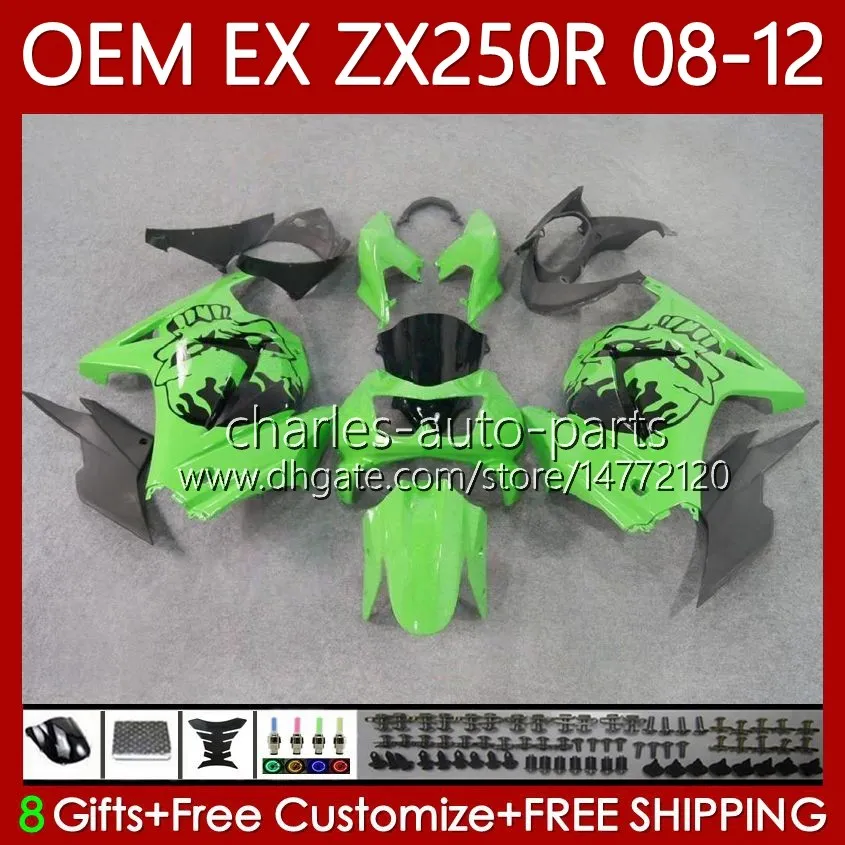OEM Body Czaszka Czarny Zielony Dla Kawasaki Ninja EX250 ZX250 R EX ZX 250R ZX-250 ZX250R 2008 2009 2010 2012 2012 EX250R 08 09 10 11 12 Wtrysk