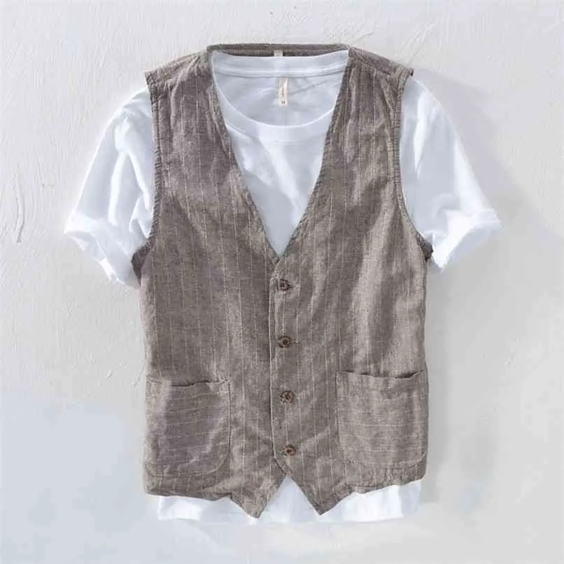 Mans Vintage Linne kostym Vest Slim Material 55% Linne + 45% Bomull Man Casual Striped Tunn Waistcoat Asian Size M-3XL 210923