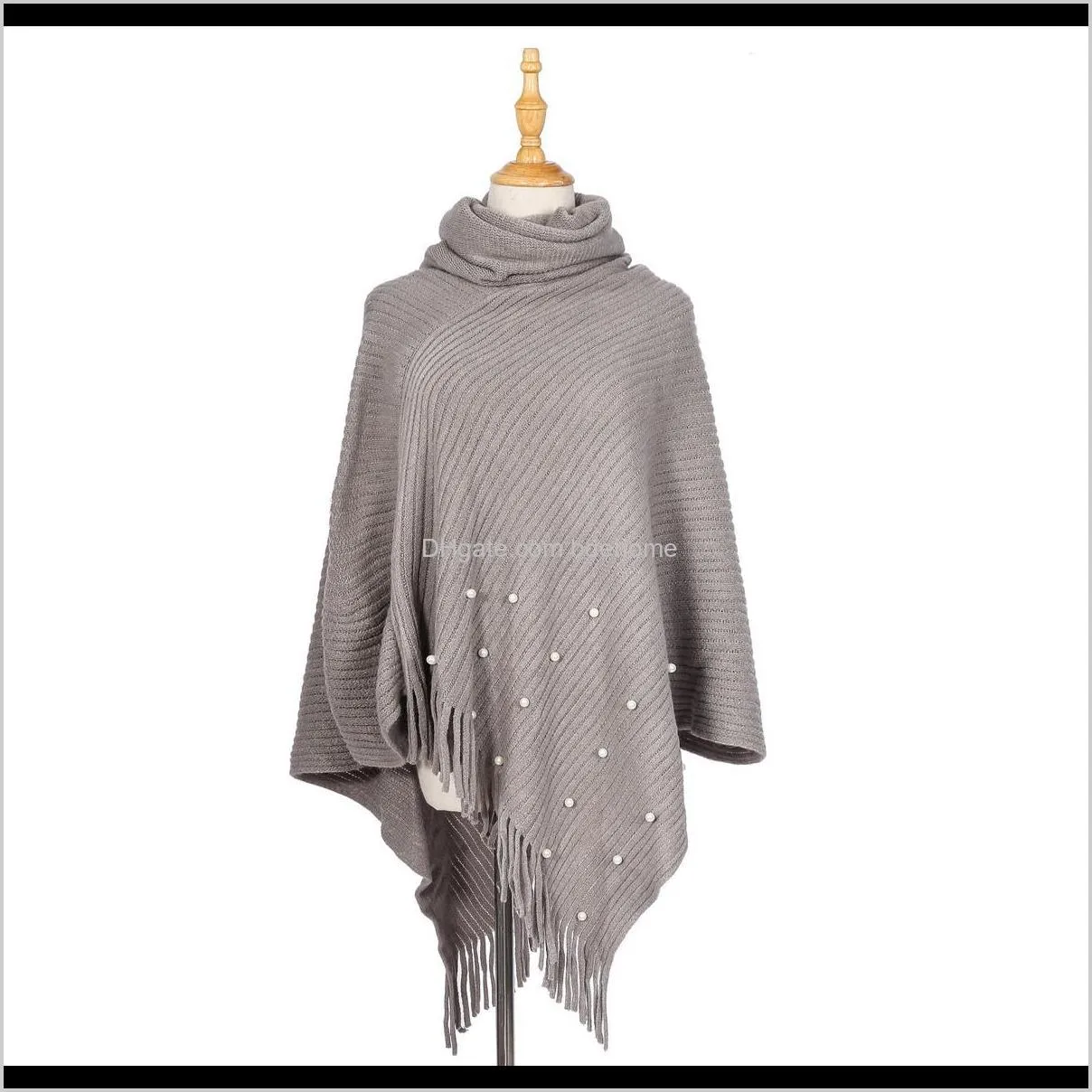 women pearl tassel turtleneck pullovers shawl scarf cashmere warm high collar solid color big cape blanket wraps female