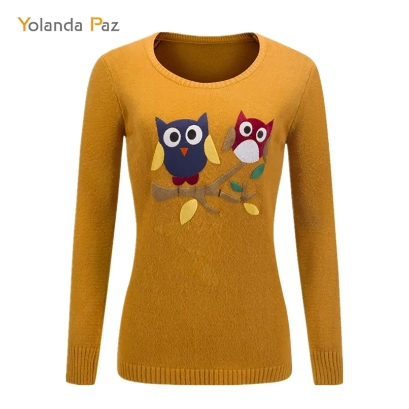 Yolanda Paz autumn winter female cartoon owl pattern long sleeves o-neck knitted pullover high quality women sweater 210914