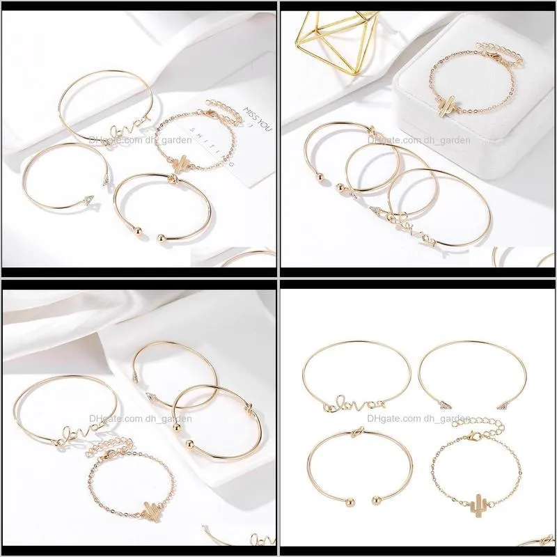 4pcs golden color girls bangles set love cactus crystal triangle bangle geometry design bracelet for women jewelry gifts