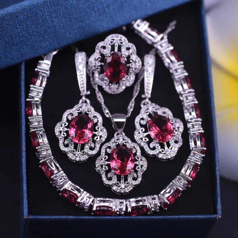 Romantic Turkish style Rose Red Crystal CZ Silver Color Jewelry Set For Women Bracelet Earrings Ring Necklace Set H1022