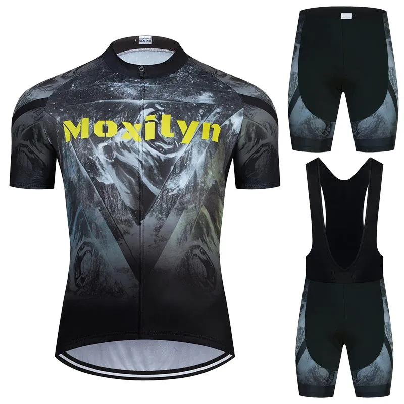 Ventas directas de fábrica Moxilyn Grey Shading Plus Conjunto de jersey de ciclismo con patrón de letras amarillas Traje de verano de manga corta y pantalones cortos Material de alta calidad Ropa para bicicletas