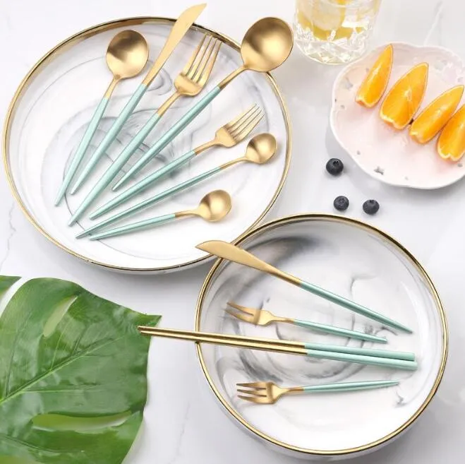 Stainless Steel Cutlery Sets Solid Fork Knife Spoon Chopsticks Dinnerware Set European Dinner suit Western Eastern Tableware 4pcs/set wmq1023