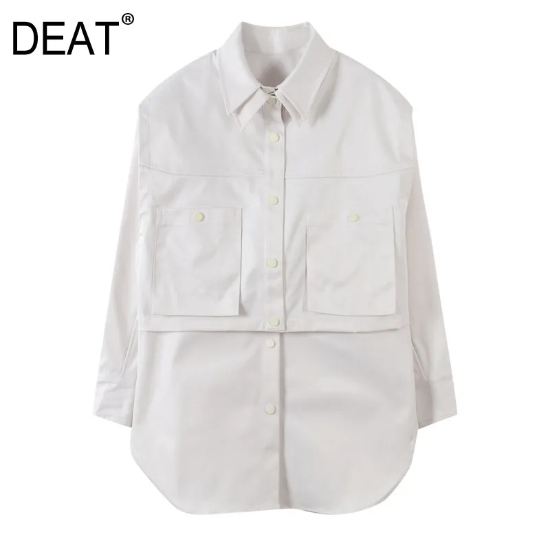 DEAT New fashion spliced Solid Color Clean And Casual Two Piece Women's Cardigan Turn-down Collar Shirt 7B0091 210428