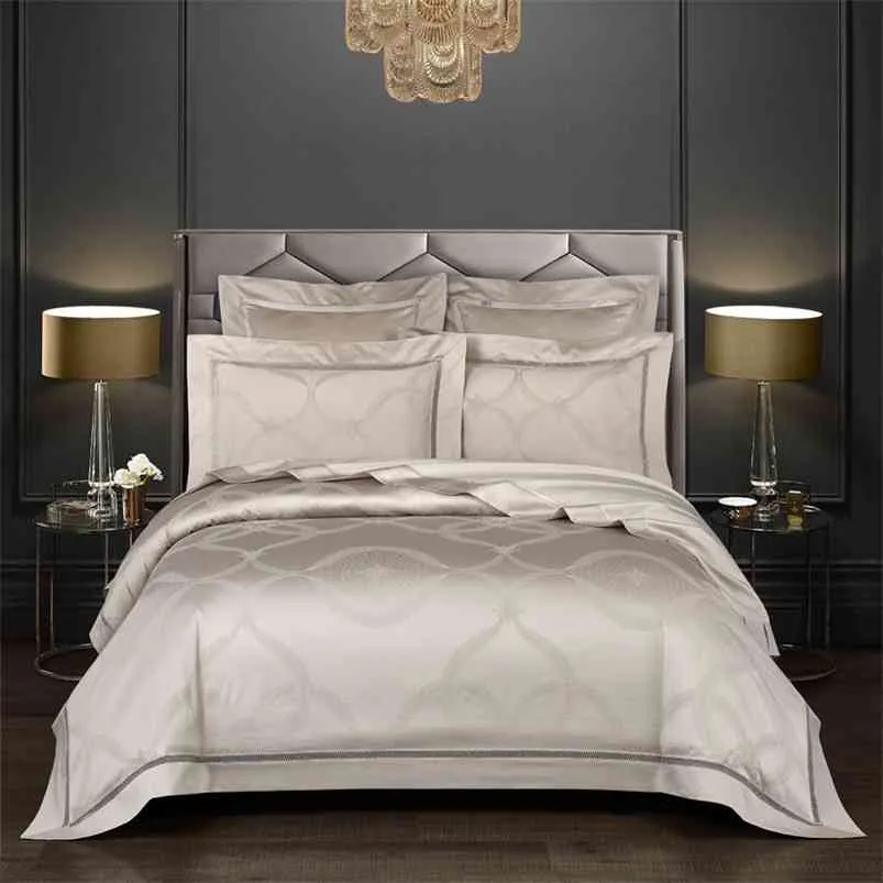 Premium Egyptisk bomull Jacquard Duvet Cover Set Luxury King US Queen 4 / 6PCS sängkläder Trevlig säng Sheet 210721