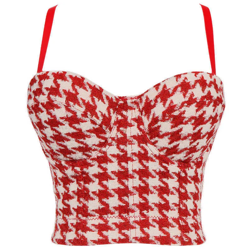 Female Y2K Houndstooth Sweet Camisole Plaid Corset Contrast Color Woolen Tube Top Women Bustier Bra Camis Bodycon 90s Crop Top 210709