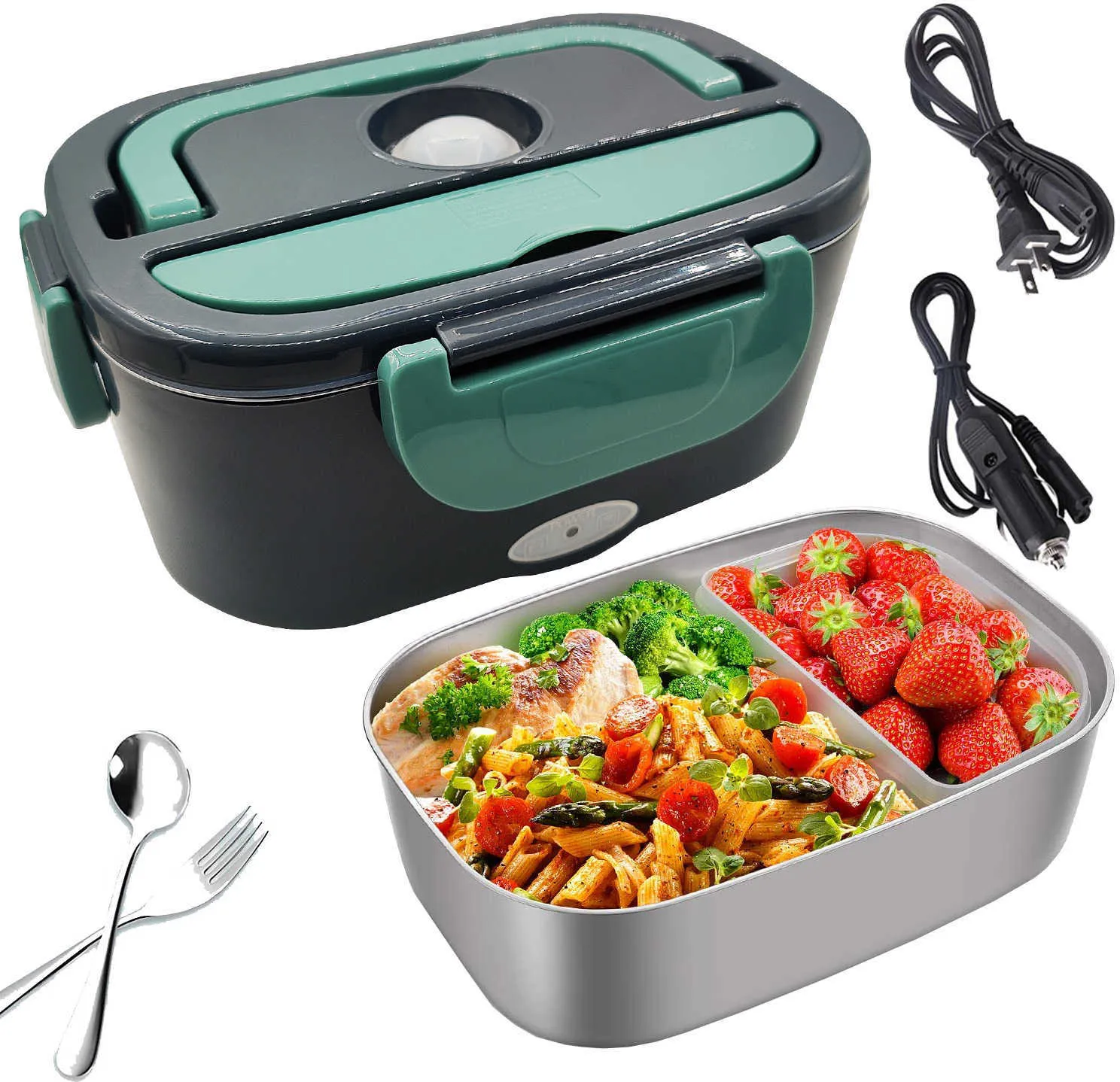 Stainless Steel 2 In 1 Electric Heating Lunch Box 110V 220V 12V 24V Car Office School Food Warmer Container Heater Lunch Box Set 210925