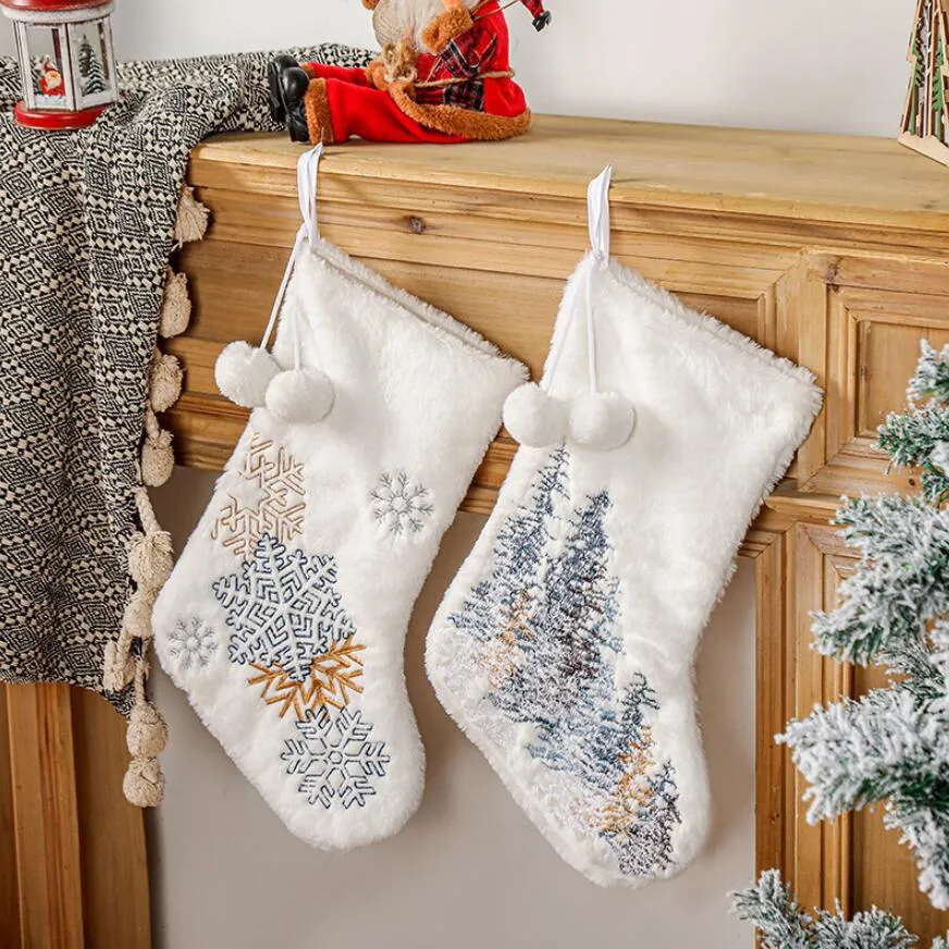 Рождественские чулки белые тиснение золото снежинки Xmas украшения рождественские кулон елочные украшения подарочные сумки носки
