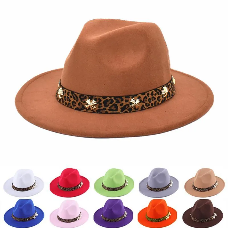 Cappelli a tesa larga Leopard Bottom Tinta unita Patchwork Feltro di lana Jazz Fedora Elegante Uomo Donna Panama Trilby Cap all'ingrosso