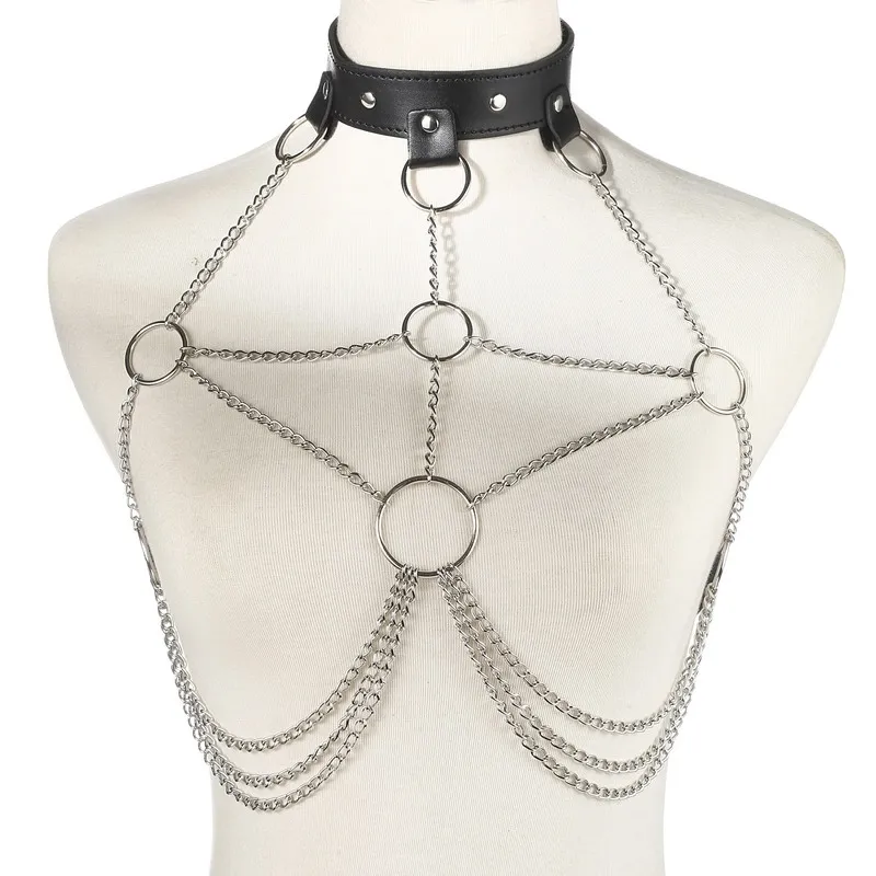 Sexy Faux Leather Body Chain Harness Women Goth Metal Fashion Rave Wear Festival Outit Jewelry Accessories