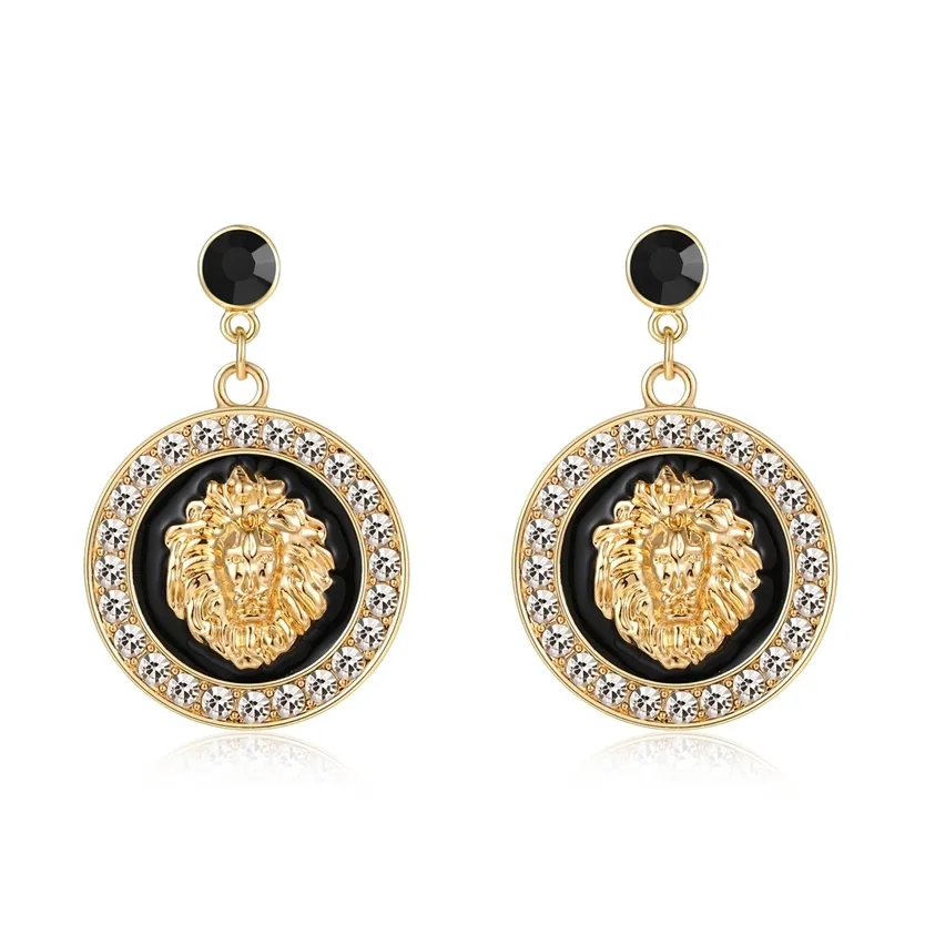 Hip Hop Gold Lion Head Stud Earring Punk Trendy Crystal Colored Enamel Fashion Basketball Wives Cocktail Costume Jewelry 220125