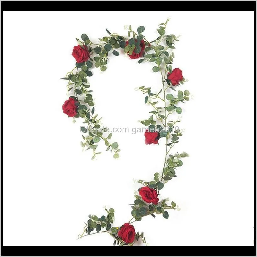 artificial eucalyptus garland with roses flower vine fake plants ivy for wedding party garden farmhouse home decor