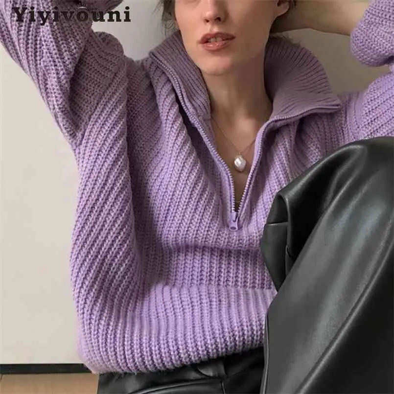 Yiyiyouni Zipper Polo Collar Knitted Oversized Sweater Women Autumn Winter Casual Thick Pullovers Female Loose White Jumper 210806
